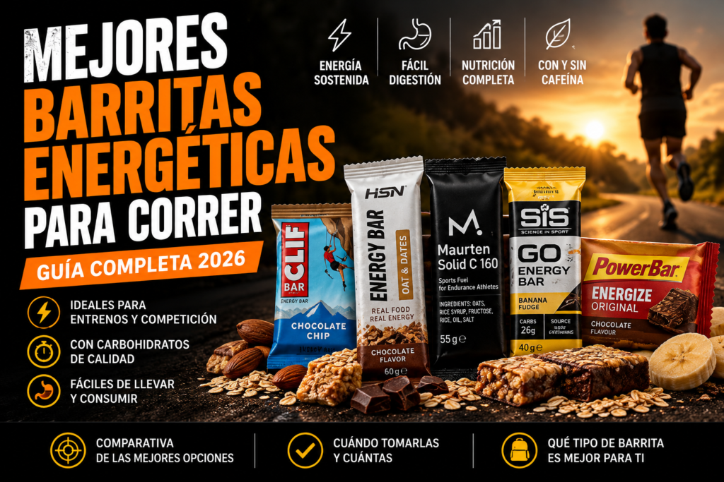 Portada de la guía RunnerFuelES sobre las mejores barritas energéticas para correr, con comparativa visual de barritas y consejos de consumo.
