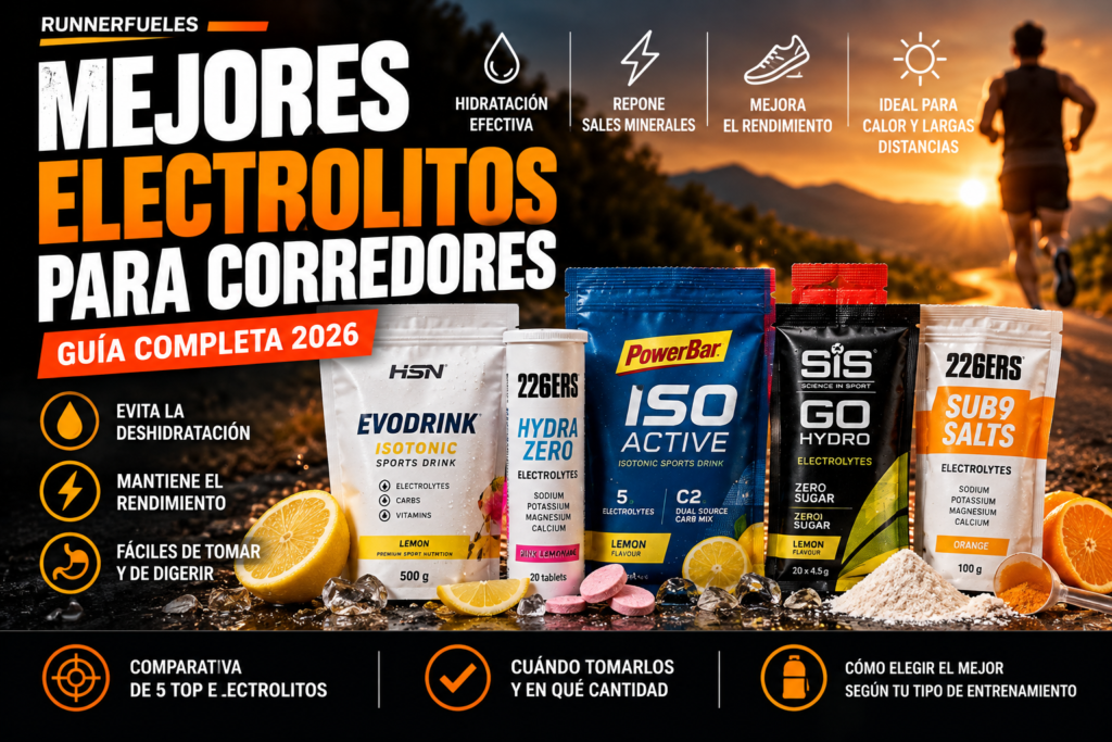 Portada de la guía RunnerFuelES sobre los mejores electrolitos para corredores, con productos de hidratación, sales minerales y consejos de uso.