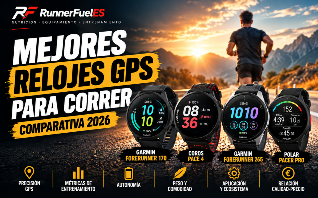 Portada RunnerFuelES: comparativa 2026 de relojes GPS para correr, con Garmin Forerunner 170, COROS PACE 4, Garmin Forerunner 265 y Polar Pacer Pro.